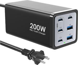 200W USB C GaN Charger, 140W PD3.1 6-Port USB C Charging Station, Desktop Laptop Charger Portable USB-C Power Adapter for MacBook Pro/Air Dell XPS Chromebook iPad iPhone Galaxy