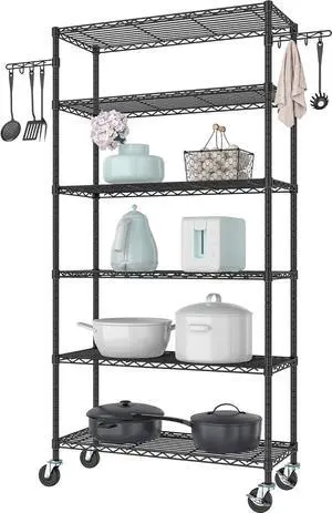 Folews 6-Tier Metal Storage Shelf with Wheels NSF Wire Shelving Unit, Black Folews 6-Tier Metal Storage Shelf with Wheels NSF Wire Shelving Unit, Black