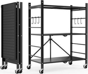 Storage Shelves with 6 Hooks 3 Tier Foldable Shelf with Wheels Metal Storage Shelving Unit Rolling Cart Utility Shelf Rack Organization Shelves for Garage Pantry Kitchen Room No Assembly