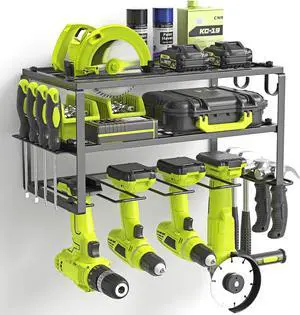 SUNALLY Power Tool Organizer, Heavy Duty Iron, 3 Layers Storage Rack with 4 Drill Holders, Floating Tool Shelf Wall Mounted, Matte Black, Work Shop, Garage, 150Lbs Load Capacity SUNALLY Power Tool Organizer, Heavy Duty Iron, 3 Layers Storage Rack with 4 Drill Holders, Floating Tool Shelf Wall Mounted, Matte Black, Work Shop, Garage, 150Lbs Load Capacity