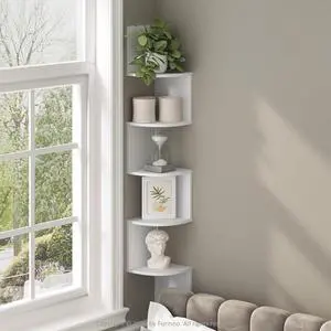 Furinno Rossi 5-Tier Floating Corner Shelf for Wall, Corner Zigzag Shelf Wall Mounted, Radial Wall Mount Shelves, for Home Office, Living Room, Bedroom, Bathroom, White Furinno Rossi 5-Tier Floating Corner Shelf for Wall, Corner Zigzag Shelf Wall Mounted, Radial Wall Mount Shelves, for Home Office, Living Room, Bedroom, Bathroom, White
