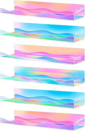 6 Pack Iridescent Acrylic Floating Shelves, 15.7" Clear Acrylic Display Shelves Bookshelf Wall Mounted, Bathroom Kids Room Home Storage Wall Decor Ledge Shelf for Skincare, Perfume, Nail Polish 6 Pack Iridescent Acrylic Floating Shelves, 15.7" Clear Acrylic Display Shelves Bookshelf Wall Mounted, Bathroom Kids Room Home Storage Wall Decor Ledge Shelf for Skincare, Perfume, Nail Polish