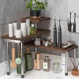ZHWS Bathroom Counter Organizer for MakeUps, Dresser Table, Kitchen Countertop Organizer Adjustable 3 Tier Corner Shelf with 4 Metal Hooks for Coffee Bar, Spice Rack, Over Sink ZHWS Bathroom Counter Organizer for MakeUps, Dresser Table, Kitchen Countertop Organizer Adjustable 3 Tier Corner Shelf with 4 Metal Hooks for Coffee Bar, Spice Rack, Over Sink