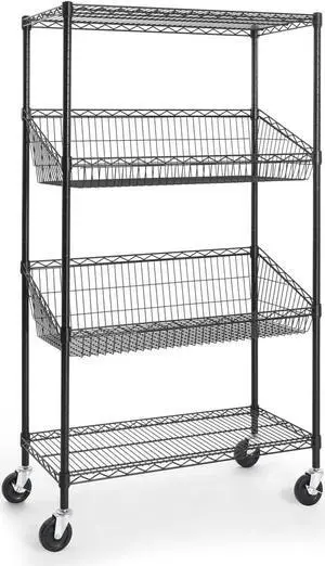 CAPHAUS NSF Commercial Heavy Duty 4 Tier Wire Shelving with Two Trapezoid Baskets, Wheels, Leveling Feet, Black Storage Shelf for Basement Garage and Utility Storage CAPHAUS NSF Commercial Heavy Duty 4 Tier Wire Shelving with Two Trapezoid Baskets, Wheels, Leveling Feet, Black Storage Shelf for Basement Garage and Utility Storage