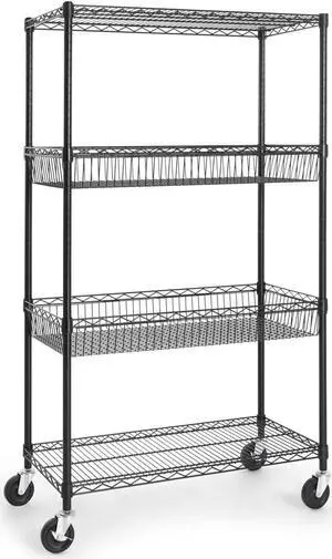 CAPHAUS NSF Commercial Heavy Duty 4 Tier Wire Shelving w/Two Rectangle Baskets, Wheels, Leveling Feet, Storage Metal Shelf, Basement Garage Shelving, Utility Wire Rack Storage Black CAPHAUS NSF Commercial Heavy Duty 4 Tier Wire Shelving w/Two Rectangle Baskets, Wheels, Leveling Feet, Storage Metal Shelf, Basement Garage Shelving, Utility Wire Rack Storage Black