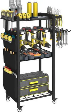 4-Tier Rolling Power Tool Organizer Storage Cart, Garage Organization on Wheels Tool Cart with Drill Set Rack Shelf, Mechanic Utility Cart for Workbench & Outdoors Working, Gift for Men Dad 4-Tier Rolling Power Tool Organizer Storage Cart, Garage Organization on Wheels Tool Cart with Drill Set Rack Shelf, Mechanic Utility Cart for Workbench & Outdoors Working, Gift for Men Dad
