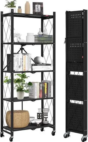 DEANIC 5-Shelf Folding Bookcase with Wheels, Rolling Bookshelf Heavy Duty Storage Shelves, Freestanding Metal Wire Shelving Unit for Living Room, Office, Kitchen, Basement, Pantry (Black) DEANIC 5-Shelf Folding Bookcase with Wheels, Rolling Bookshelf Heavy Duty Storage Shelves, Freestanding Metal Wire Shelving Unit for Living Room, Office, Kitchen, Basement, Pantry (Black)
