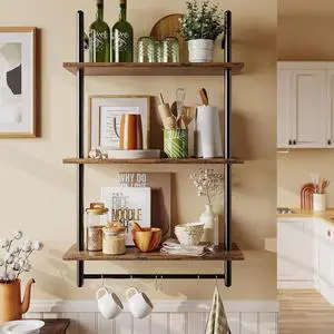 Bestier 3 Tier Industrial Pipe Shelving, Floating Kitchen Shelves for Wall, Storage Coffee Bar Hanging Shelves with Towel Bar for Kitchen Living Room Bathroom Organizer Bedroom, 24 Inch Rustic Brown
