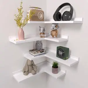 4 Tier Corner Floating Shelves Set of 4, Rustic Pine Wood Corner Shelves for Wall Storage and Decor, L-Shaped Corner Wall Mounted Shelf for Bedroom, Living Room, Bathroom, Kitchen White 4 Tier Corner Floating Shelves Set of 4, Rustic Pine Wood Corner Shelves for Wall Storage and Decor, L-Shaped Corner Wall Mounted Shelf for Bedroom, Living Room, Bathroom, Kitchen White