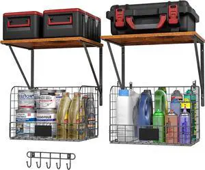 ThreeHio 2 Pack Garage Shelves Wall Mounted with Wire Storage baskets, Heavy Duty Garage Wall Shelving with Hooks, Wooden floating shelves Tool Organizer for Home Garden Garage Organizers and Storage ThreeHio 2 Pack Garage Shelves Wall Mounted with Wire Storage baskets, Heavy Duty Garage Wall Shelving with Hooks, Wooden floating shelves Tool Organizer for Home Garden Garage Organizers and Storage