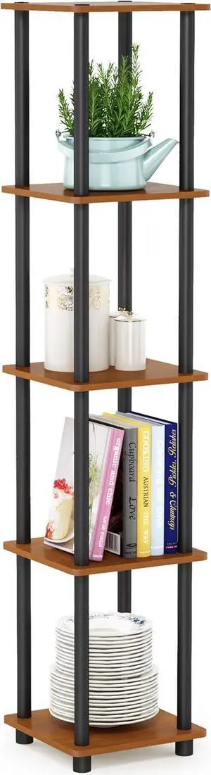FURINNO Turn-N-Tube 5-Tier Corner Square Rack Display Shelf, Round, Light Cherry/Black FURINNO Turn-N-Tube 5-Tier Corner Square Rack Display Shelf, Round, Light Cherry/Black