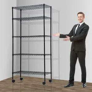 5 Tier Wire Shelving Unit, Storage Metal Shelves, Standing Shelf Units, NSF Heavy Duty Height Adjustable Garage Shelving, 14" W x 30" L x 60" H, Commercial Racks with Wheels, Black 5 Tier Wire Shelving Unit, Storage Metal Shelves, Standing Shelf Units, NSF Heavy Duty Height Adjustable Garage Shelving, 14" W x 30" L x 60" H, Commercial Racks with Wheels, Black