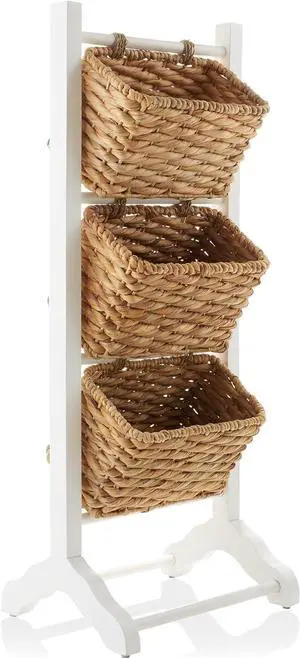 Casafield 3-Tier Floor Stand with Water Hyacinth Storage Baskets, White/Natural - Standing Organizer Rack for Bathroom, Kitchen, Laundry, Living Room Casafield 3-Tier Floor Stand with Water Hyacinth Storage Baskets, White/Natural - Standing Organizer Rack for Bathroom, Kitchen, Laundry, Living Room