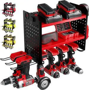 BUILTSTRONG Power Tool Organizer Wall Mount 3-Tier Heavy-Duty Steel Rack, 6 Drill Slots, Dual Pegboard Sides, Side-by-Side Modular, 100 lb Capacity Garage & Workshop (Red) BUILTSTRONG Power Tool Organizer Wall Mount 3-Tier Heavy-Duty Steel Rack, 6 Drill Slots, Dual Pegboard Sides, Side-by-Side Modular, 100 lb Capacity Garage & Workshop (Red)