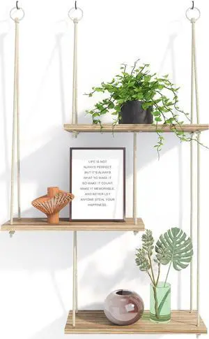 Fixwal Hanging Plant Shelves for Wall, 3 Tier Boho Wall Decor Plant Rack Floating Shelves Rope Rustic Wood Organizer Storage Hanger for Aesthetic Home Bedroom Kitchen Bathroom- Rustic Brown Fixwal Hanging Plant Shelves for Wall, 3 Tier Boho Wall Decor Plant Rack Floating Shelves Rope Rustic Wood Organizer Storage Hanger for Aesthetic Home Bedroom Kitchen Bathroom- Rustic Brown