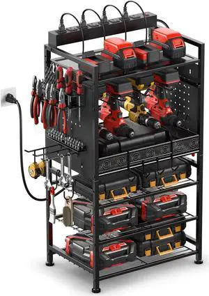 JUNNUJ Power Tool Charging Organizer Floor Stand, Black, 6 FT Power Cord | Garage Adjustable Storage Rack, Utility Tool Shelf Station with 8 Outlet Power Strip, Heavy Duty Drill and Battery Holder JUNNUJ Power Tool Charging Organizer Floor Stand, Black, 6 FT Power Cord | Garage Adjustable Storage Rack, Utility Tool Shelf Station with 8 Outlet Power Strip, Heavy Duty Drill and Battery Holder