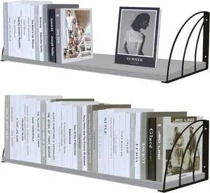 Pine Wood 23.57.87 Inch Floating Bookshelf - Elegant Grey Shelves, Wall Mounted - Set of 2 Pine Wood 23.57.87 Inch Floating Bookshelf - Elegant Grey Shelves, Wall Mounted - Set of 2
