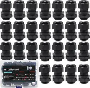 NPT Plastic Cable Gland 1/2 Knockout Box 25PCS Waterproof IP68 6-12mm Nylon Plastic Black Electrical Cord Grips Kit With Gasket