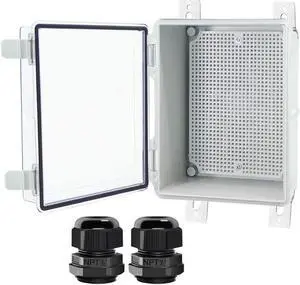 Junction Box, Hinged Clear Cover IP67 Waterproof ABS Project Box with 2 NPT 1/2" Cable Gland, Electrical Box Enclosure with Mounting Plate & Wall Bracket 8.7 x 6.7 x 4.3inch(220x170x110mm)