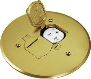 Dual Flip Lid Floor Box Cover, 5.625" Diameter, 20A Tamper-Weather Resistant Receptacle Outlet, Watertight Gaskets, 975517-C, UL Listed, Brass, 1 Gang