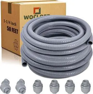 Liquid-Tight Conduit - 1-1/4 inch 50 Feet Flexible Non Metallic Liquid Tight Electrical Conduit Kit, with 4 Straight and 2 Angle Fittings Included