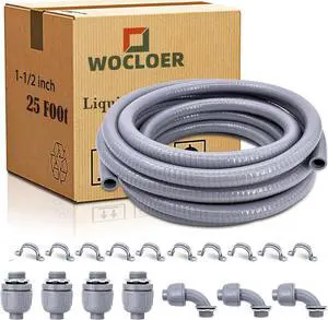1-1/2 inch 25 Foot Liquid-Tight Conduit Kit, Flexible Non Metallic Electrical Conduit and Connector Kit, With 4 Straight and 3 Angle Fittings
