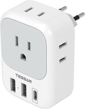 European Travel Plug Adapter USB C International Plug Adapter with 4 AC Outlets and 3 USB Ports Type C Power Adaptor Charger for US to Most of Europe Iceland Spain Italy France Germany