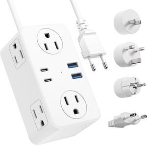 European Travel Plug Adapter, EU/UK/US Travel Plug Adapter Power Strip, 6 AC Outlets, 4 USB Ports (2 USB C), 3ft Wrapped Around Extension Cord, Compact for Travel