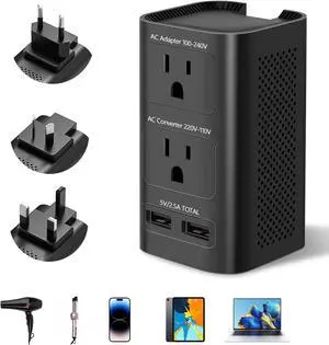 220V to 110V Voltage Converter US to Europe, Universal European Travel Plug Adapter Power Coverter with 2 USB Ports and EU/UK/AU/US International Outlet Adapter