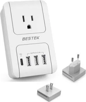 BESTEK International Travel Adapter, 3000W Converter Travel Adapter for Hair Dryer, Curling Iron USB Travel Wall Charger with Worldwide Wall Plugs for US, EU(PD35W,1004, White)