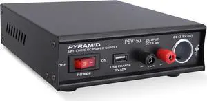 Pyramid Universal Compact Bench Power Supply- 12Amp Variable Linear Regulated Home Lab Benchtop AC-DC Power Converter - USB Port,Cigarette Lighter,115/230V AC,Screw Terminal,Cooling Fan - PSV150,Black