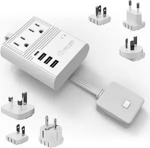 OREI World Travel Plug Adapter M8 Max, 3 USB + Pd 18W USB-C Input - 2 USA Outlets - Attachments for Europe, Asia, China, Japan, Africa - Perfect for Cell Phones, Tablets, Cameras and More