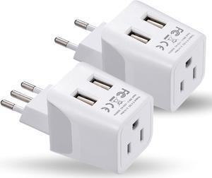 Ceptics Italy, Europe Travel Adapter Plug Set - 2 Pack - with 2 USB + USA Socket Input - Type L and Type C - Ultra Compact - Safe Grounded Perfect for Cell Phones, Laptops, Camera Chargers