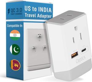 Ceptics US to India Plug Adapter, Type D Plug Adapter QC 3.0 & PD, Safe Dual USB & USB-C 18W, India Plug Adapter Fast Charging - Powerful 2 USA Sockets - Use in Pakistan Nepal Sri Lanka - AP-10