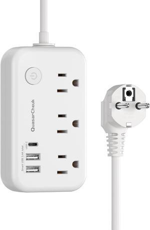 Type E F Plug Adapter, Germany France Travel Plug Adapter with 3 Outlets 3 USB PortsSchuko Plug Power Adaptor for US to Europe EU Spain Iceland Korea Greece Norway Russia German French, 4ft