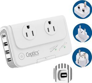 Ceptics European Travel Voltage Converter, 200W Adapter for Curling Iron, Straightener, Charger, Step Down World Power Plug - 4 USB PD 18W Fast Charging - SWadApt Compatible - Type C, E/F, G Included