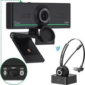 Webcam with Headset and Microphone, Webcam with Wireless Headset, 1080P Webcam with Privacy Cover, Plug and Play Web Camera for desktop Computer Zoom Meetings, Audio Bluetooth only for Headset