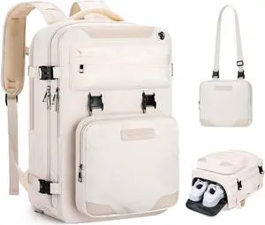 Travel Backpack for Women Men 35L Laptop Backpack Fits 17-Inch Laptop Waterproof Carry On Backpack for Airplanes with Detachable Crossbody Bag&Shoe Compartment Beige Large