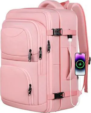 Travel Backpack for Women, 52L Carry On Backpack, Extra Large Expandable Travel Bag, 18.4 Inch TSA Flight Approved Luggage Personal Item Size with USB, Teacher Business Daypack, Pink