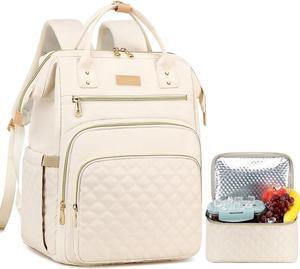 AIJIEKE Lunch Backpack for Women, 15.6 inch Laptop Backpack with Insulated Cooler Lunch Bag Set for Lunch Box Work Backpack for Travel Nurse Teacher, Beige