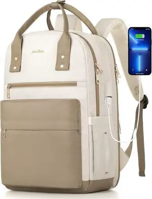 YAMTION Laptop Backpack for Women Bookbag School Backpack with Charger,Aesthetic Computer Backpacks for High School Teen Girls Office College Students Nursing Work,Mochila Mujer,Beige