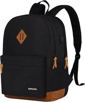 SUPACOOL Lightweight Laptop Backpack with USB Charging Port for Men and Women, Double Layers Backpack for College, Work, Travel, Casual(Black and brown)