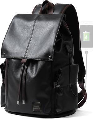 Laptop Travel Backpack For Men Women Vintage PU Leather Water-Resistant College School Casual 15.6" Laptop Work Backpack Gift For Male Female Black