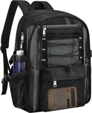 Mesh Backpack Heavy Duty for School, 23L Mesh Bookbag for Adults, See Through Black Mesh School Bag with Laptop Pocket for Work Swimming Beach Fitness Sport