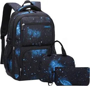 JiaYou Space Pattern Galaxy Backpack Boys Primary Junior Middle School Daypack Men High Middle School Laptop Bag(Star-Dark Blue,3Pcs Backpack Set)