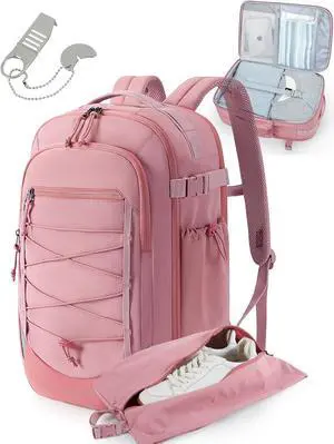 BAGSMART Carry On Travel Backpack, 17.3 Inch Large Travel backpack Carry On Flight Approved, Personal Item Backpack Travel Bag With Shoe Bag, 30L Water Resistant Casual Daypack, Pink