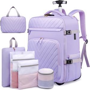 Rolling Backpack for Women, 20inch Wheeled Backpack with Anti-theft Layer, Laptop Backpack With USB Port & Lock, Waterproof Business Travel Backpack with 6 Bags, Purple
