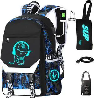 Backpack for Boys Backpack.Laptop with USB Charging Port,for School with Anti-Theft Lock Schoolbag,Teens Cool for Boys Includes Pencil Bag,luminous Backpack blue