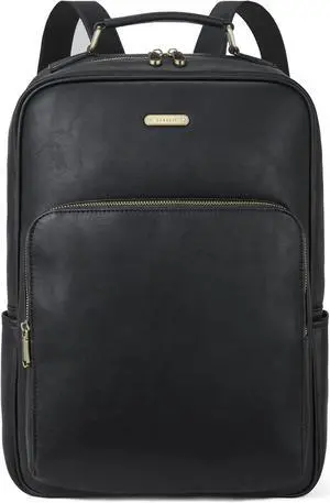 Telena Leather Laptop Backpack for Women College Casual 15.6 inch Work Computer Bag Black
