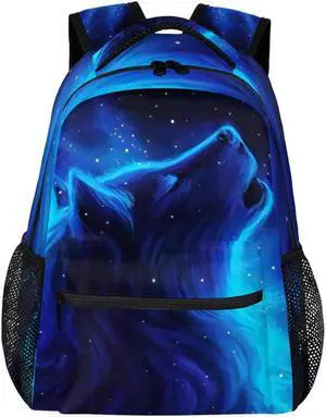 Wolf Backpacks for Boys Girls, Blue Galaxy Cool Wolf Lightweight School Backpack Laptop College Bookbag, Travel Casual Daypack, Hiking Camping Computer Rucksack